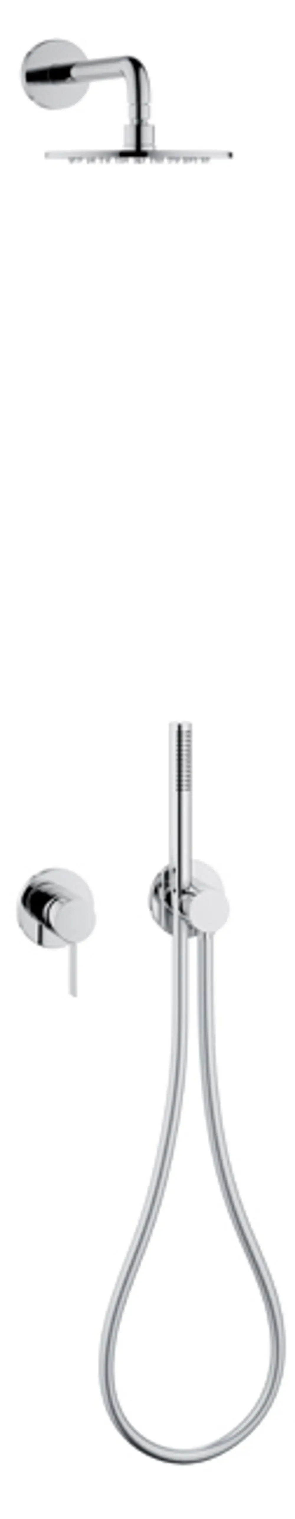 Brause-Set von Keuco, bestehend aus einer Kopfbrause, einer Handbrause mit Schlauch und zwei verchromten Wandelementen zur Wassersteuerung.